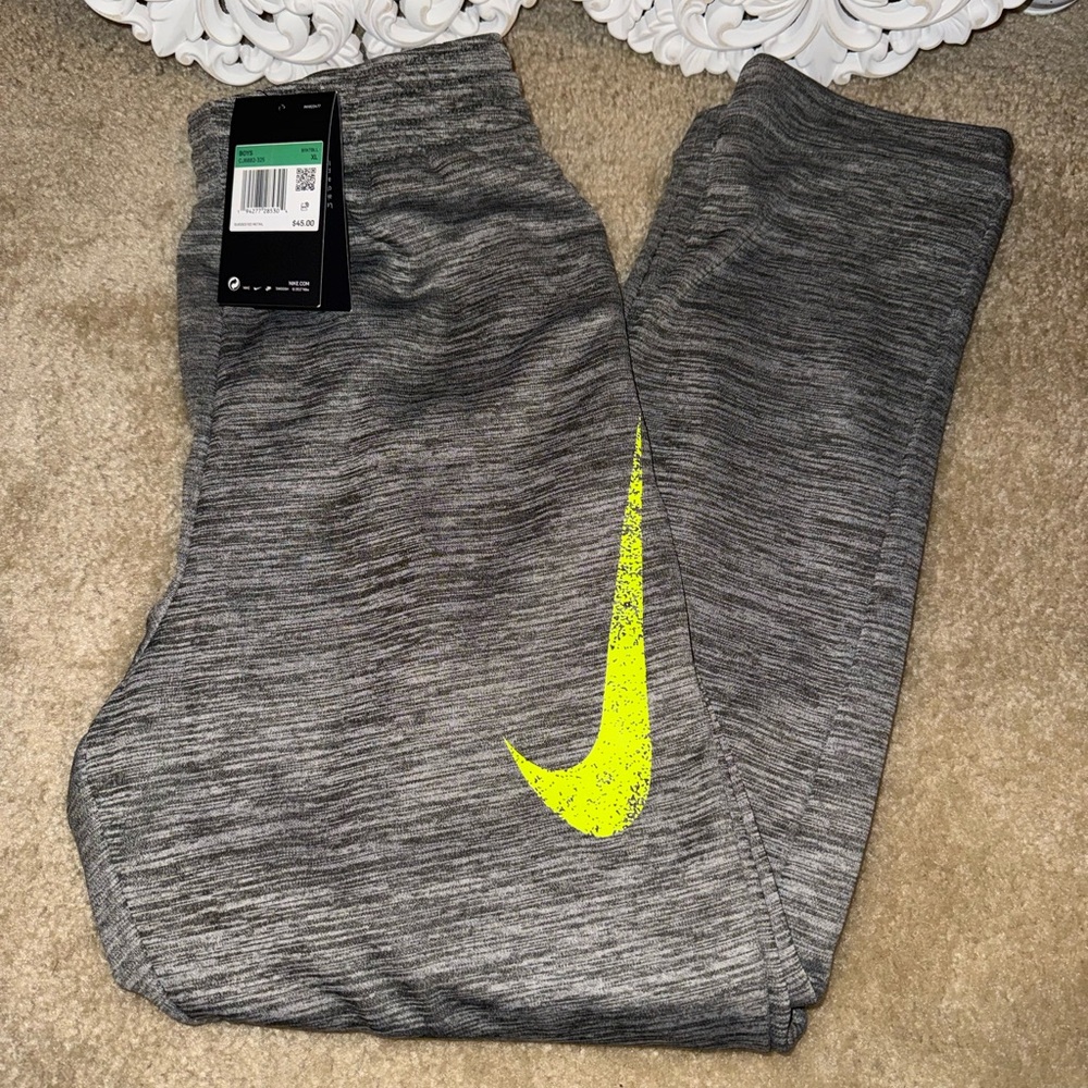 Nike Kids Heather Gray Joggers with Bright Yellow Swoosh